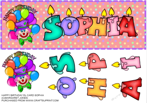 Large DL Clown Birthday Card - Name SOPHIA