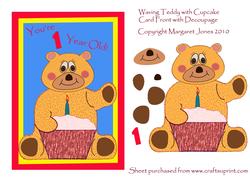 Teddy with Cupcake Card Front with Decoupage for 1 Yr. Old