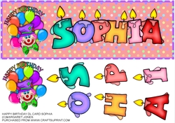 Large DL Clown Birthday Card - Name SOPHIA