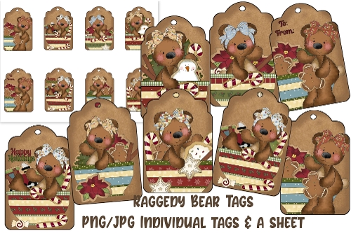 Raggedy  Bear Christmas Printable Tags/Digital Tags/Sheet Tags