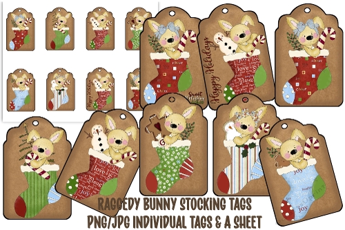 Raggedy  Bunny Christmas Printable Tags/Digital Tags/Sheet Tags