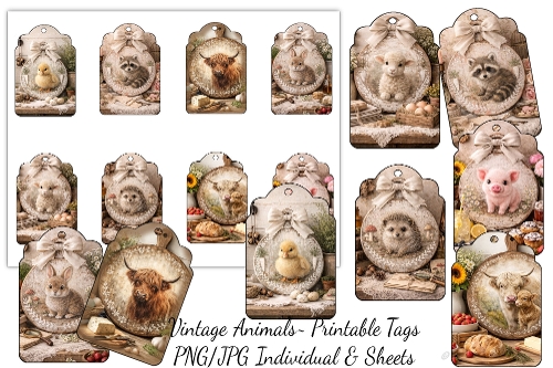 Vintage Animals Printable Tags/Digital Tags/Sheet Tags