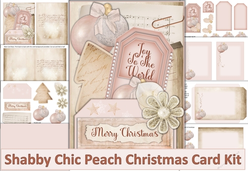 Shabby Chic Christmas Card Peach with inserts and envelope JPEG and PDF
