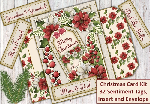 Christmas Flowers Card Kit 1. 32 sentiment tags, inserts and envelope
