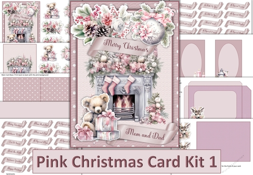 Pink Christmas Card Kit 1 with 48 Sentiment tags, Inserts and envelope