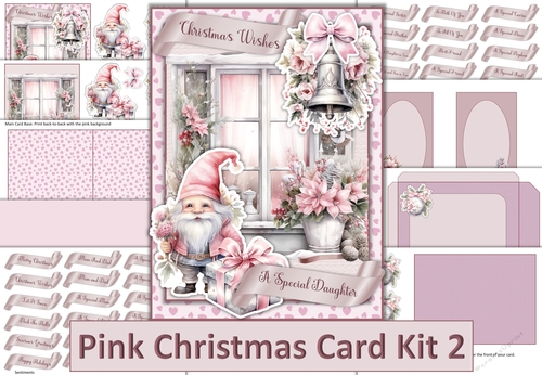 Pink Christmas Card Kit 2 with 48 Sentiment tags, Inserts and envelope