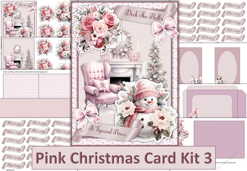 Pink Christmas Card Kit 3 with 48 Sentiment tags, Inserts and envelope