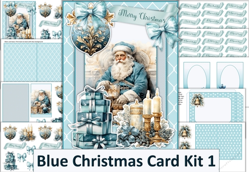 Blue Christmas Card Kit 1 with 48 Sentiments, decoupage, inserts, envelope JPEG and PDF