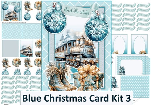 Blue Christmas Card Kit 3 with 48 Sentiments, decoupage, inserts, envelope JPEG and PDF