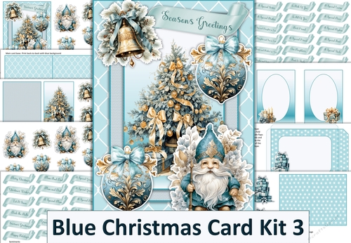 Blue Christmas Card Kit 4 with 48 Sentiments, decoupage, inserts, envelope JPEG and PDF