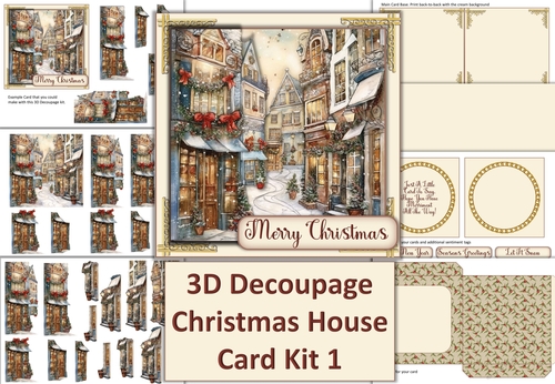 Christmas House 3D Decoupage Card 1. Inserts and envelopes JPEG and PDF