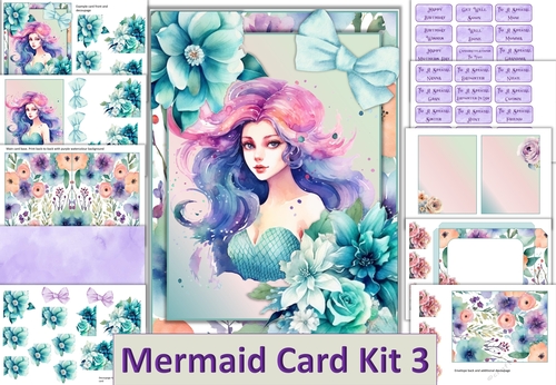 3D Decoupage Mermaid Card Kit 3 with 24 Sentiments, Inserts and envelope