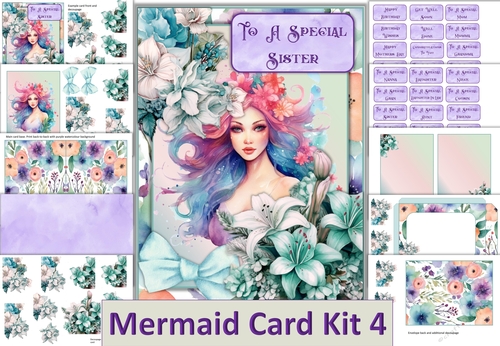 3D Decoupage Mermaid Card Kit 4 with 24 Sentiments, Inserts and envelope