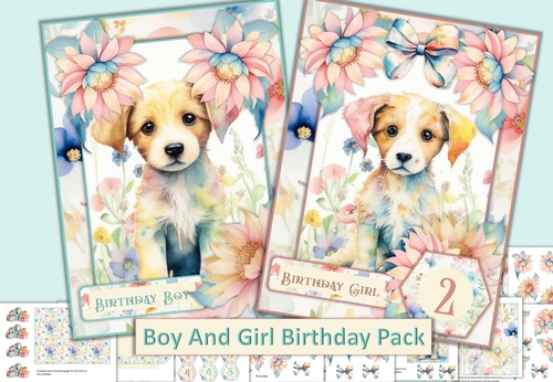 Childrens Watercolour Puppy Birthday Pack of 2 1-5 age cards