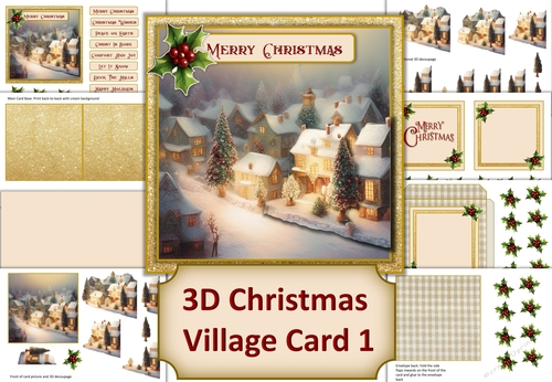 3D Decoupage Christmas Village card kit 1 with inserts and envelope