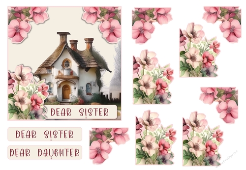 Daughter or Sister, Birthday Quick Cottage Card Front with decoupage and sentiment