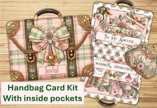 Handbag Card Kit with inside pockets. Various sentiments JPEG and PDF