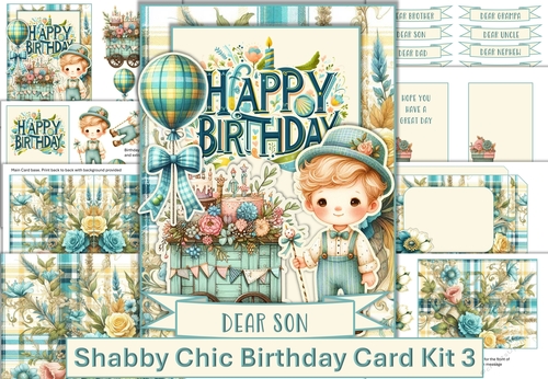 Shabby Chic Boy card making kit 3 with decoupage, sentiments, inserts and envelope