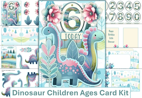 Dinosaur Childrens Ages Card Kit with decoupage, numbers, inserts and envelope
