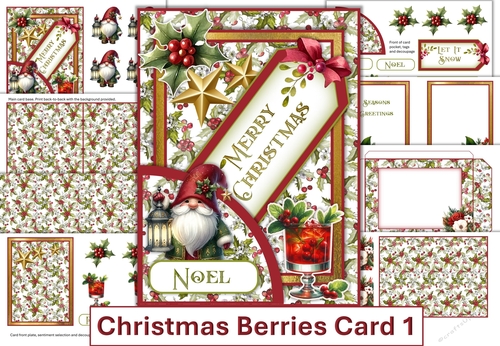 Christmas Berries Card Kit 1 with decoupage, inserts and envelope JPEG and PDF