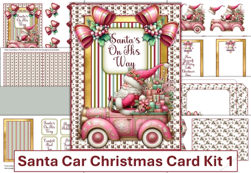 Santa Car Christmas Card Kit 1 with 3D decoupage, inserts, and envelope JPEG and PDF