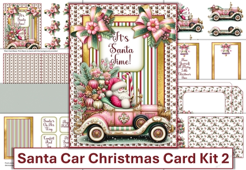 Santa Car Christmas Card Kit 2 with 3D decoupage, inserts, and envelope JPEG and PDF