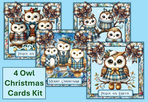 Christmas Owls Cards Kit Pack of 4
