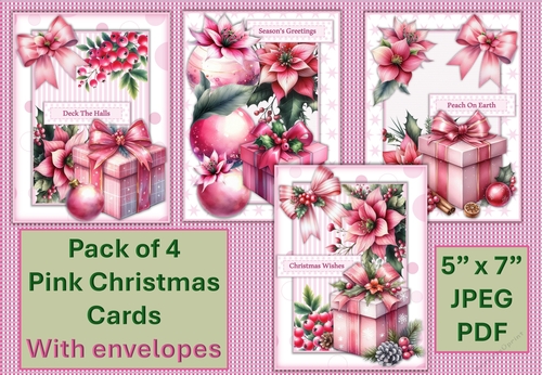 Pack of 4 Christmas Pinks Cards. 4 cards and 4 envelopes, 45 sentiments