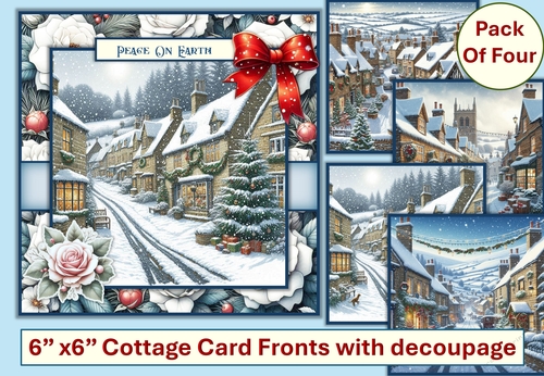 Christmas Cottage Card fronts. Pack of 4 with decoupage. JPEG and PDF