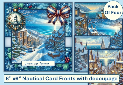 Christmas Nautical Card fronts. Pack of 4 with decoupage. JPEG and PDF