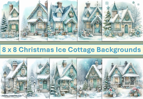 10 Christmas Ice Cottage Card Fronts 8 x 8 inches JPEG