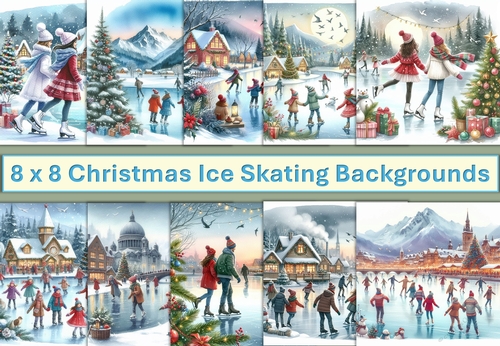 10 Christmas Ice Skating Card Fronts 8 x 8 inches JPEG