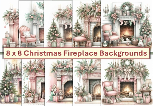 10 Christmas Fireplaces Card fronts 8 x 8 inches JPEG