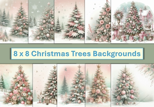 10 Christmas Shabby Chic Trees Card fronts 8 x 8 inches JPEG