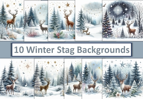 10 Christmas Stag Scene Card Fronts 8 x 8 JPEGS