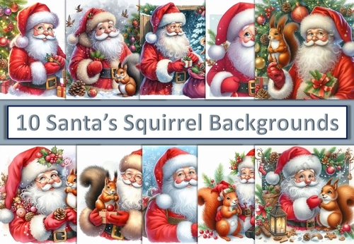10 Christmas Santa with Squirrel Scene Card Fronts 8 x 8 JPEGS