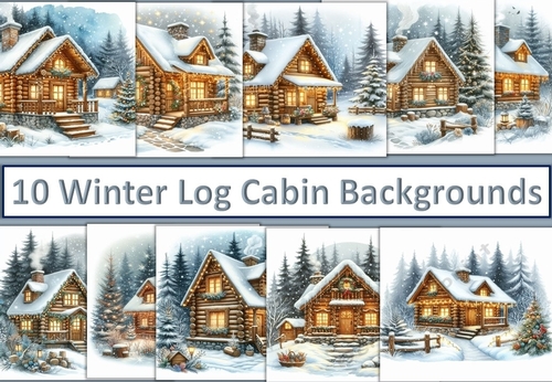 10 Christmas Log Cabin Scene Card Fronts 8 x 8 JPEGS