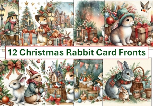 12 Christmas Rabbits Card Fronts 8 x 8 JPEG