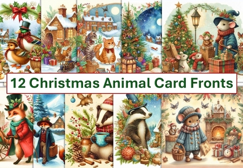 12 Christmas Rabbits Card Fronts 8 x 8 JPEG
