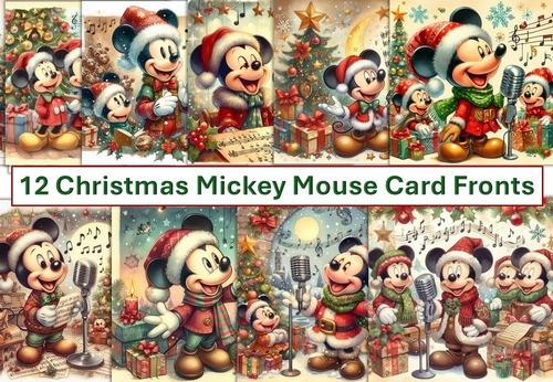 12 Christmas Mickey Mouse Singing Card Fronts 8 x 8 JPEG