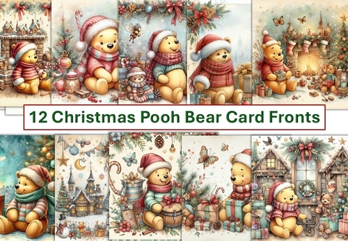 12 Christmas Pooh Bear Singing Card Fronts 8 x 8 JPEG