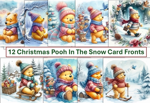 12 Christmas Pooh Bear In The Snow Card Fronts 8 x 8 JPEG