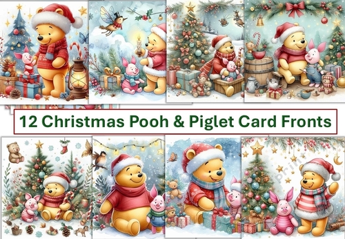 12 Christmas Pooh Bear and Piglet Card Fronts 8 x 8 JPEG
