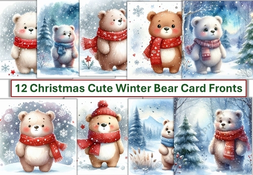 12 Christmas Cute Winter Bear Card Fronts 8 x 8 JPEG
