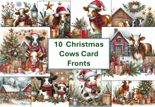 10 8x8 Christmas Cows card fronts JPEG format