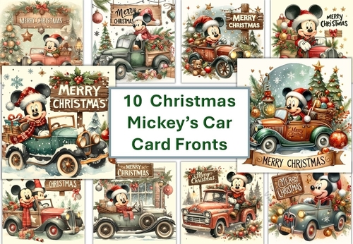 10 8x8 Mickey Mouse Christmas Car with Christmas Sign card fronts JPEG format