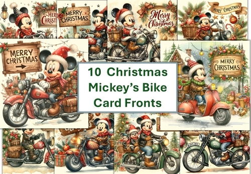 10 8x8 Mickey Mouse Christmas Motor Bike with Christmas Sign card fronts JPEG format