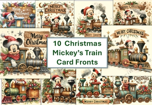 10 8x8 Mickey Mouse Christmas Train with Christmas Sign card fronts JPEG format