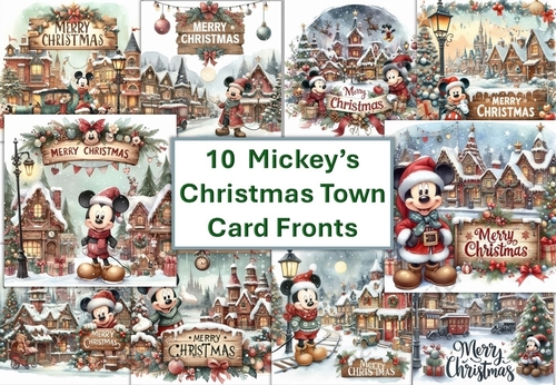 10 8x8 Mickey Mouse Christmas Town with Christmas Sign card fronts JPEG format