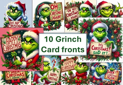10 The Grinch Card fronts with Christmas sentiments. 8x8 inches. JPEG